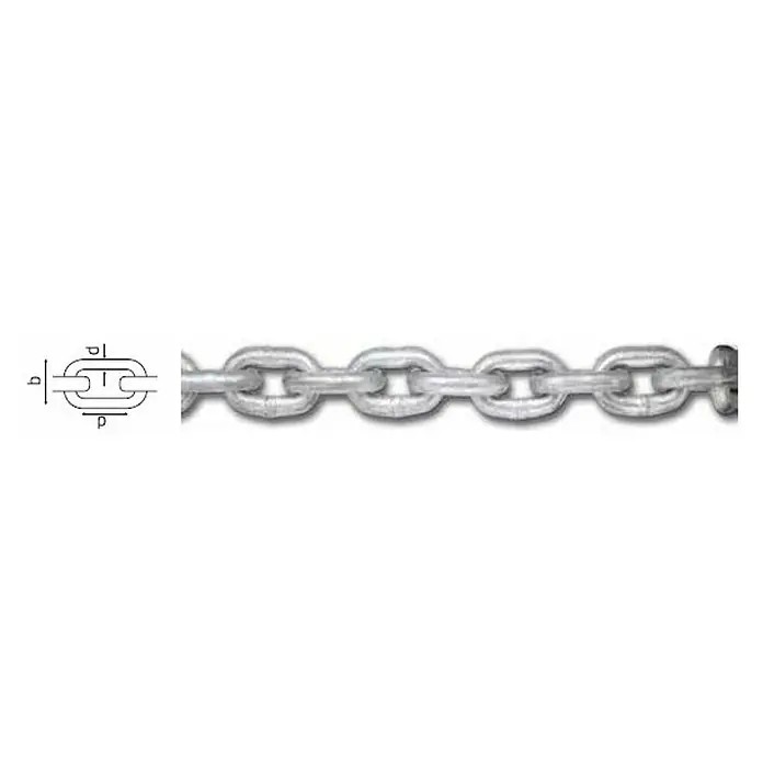 Cadena de ancla a metros - Diámetro: 10 mm, Cromo - Primer plano de una cadena plateada hecha con eslabones entrelazados. Dibujo técnico de un eslabón para ilustrar sus dimensiones.