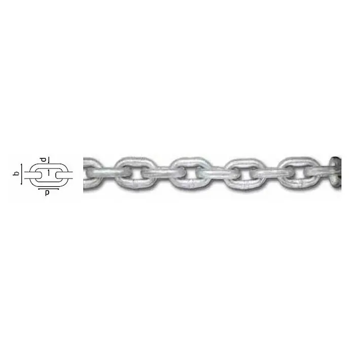 Cadena a metros calibrada - Diámetro: 6 mm, Cromo - Imagen de una cadena de eslabones plateada con un dibujo esquemático que muestra las dimensiones de la cadena (p, b, t). Muy resistente para tareas exigentes.