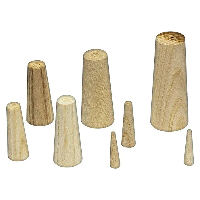 Espiche - Diámetro: 4 mm - 38 mm, 10 ud. - Primer plano de tapones de madera de varios tamaños, perfectos para proyectos de carpintería.