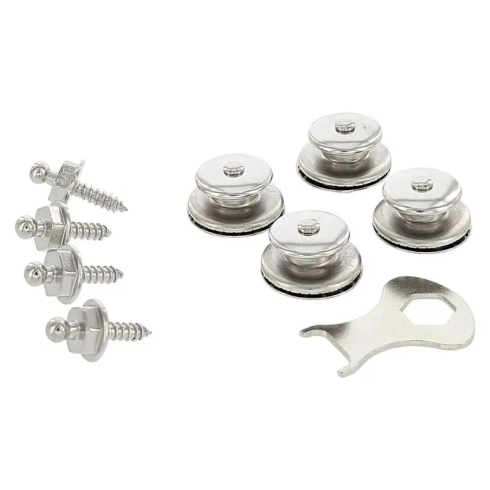 Knopf-Set - Länge Gewinde: 16 mm, 4,2 mm, Edelstahl - Das Bild zeigt ein Bootsverdeck-Befestigungs-Kit, inklusive Schrauben, Knöpfe und einem Montagewerkzeug, auf schwarzem Hintergrund.