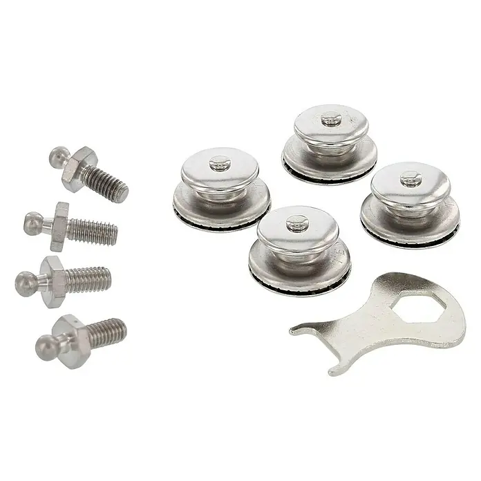 Knopf-Set - Länge Gewinde: 10 mm, M 5, Edelstahl - Produktbild von vier Druckknöpfen, vier Kugelbolzen und einem Schraubenschlüssel.