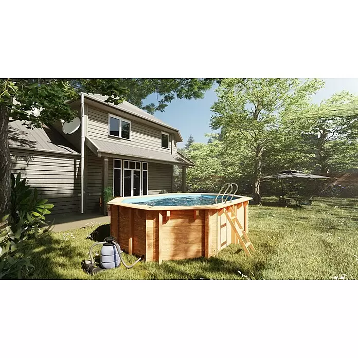 Gre Holz-Pool Grenade 2 - L x B x H: 436 x 336 x 117 cm, 10.900 l, Braun - Holz-Aufstellpool im grünen Garten, mit Filterpumpe und Leiter.