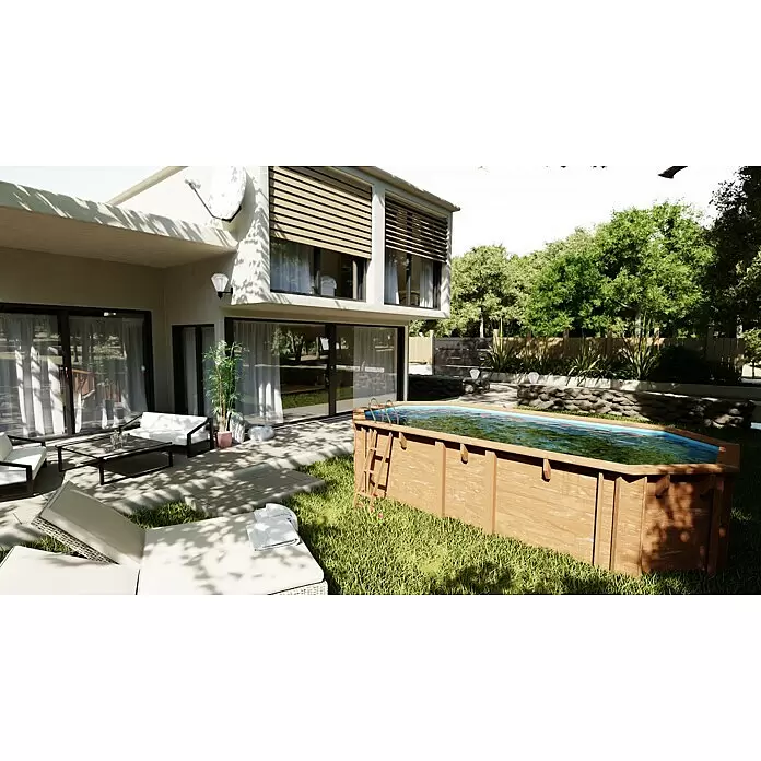 Gre Holz-Pool Vermela - L x B x H: 672 x 472 x 146 cm, Hellbraun, 24.100 l - Hölzerner Aufstellpool in einem sonnigen Garten neben einem modernen Haus.