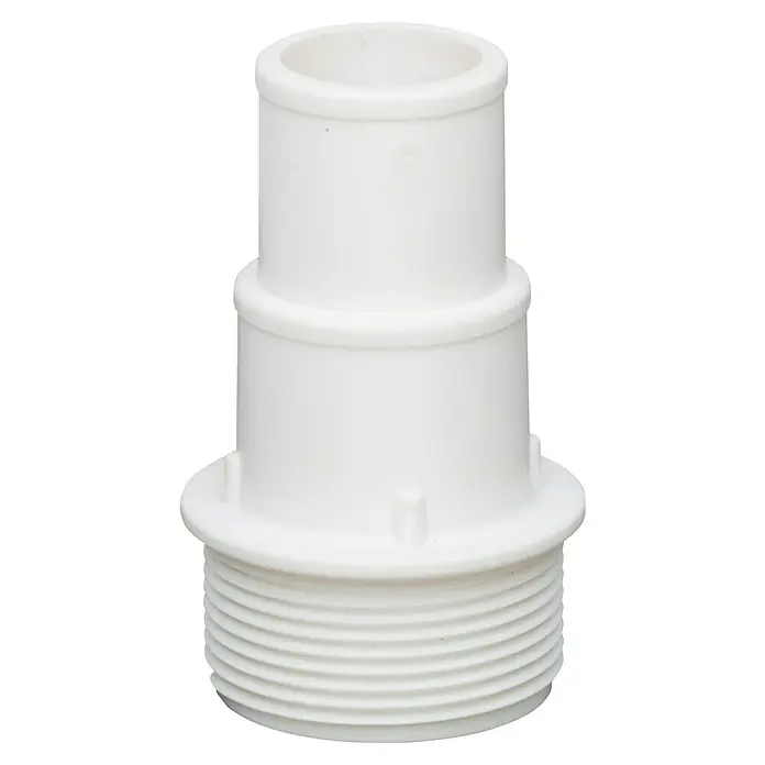 Gre Adapter - Durchmesser: 32 mm - 38 mm - Nahaufnahme eines weißen PVC-Rohrverbindungsstücks mit Gewinde an einem Ende und Stutzen an einem anderen Ende. Ideal für Sanitärprojekte.