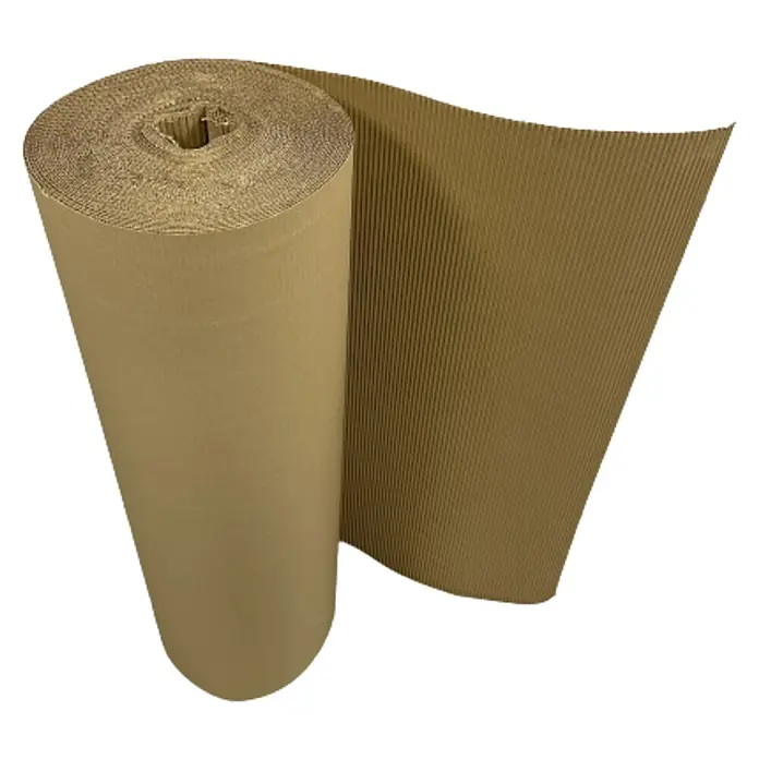 Cartón para pintor - L x An: 50 m x 90 cm, Marrón - Un rollo de cartón corrugado marrón, parcialmente desenrollado, ideal para embalaje y protección de artículos delicados.