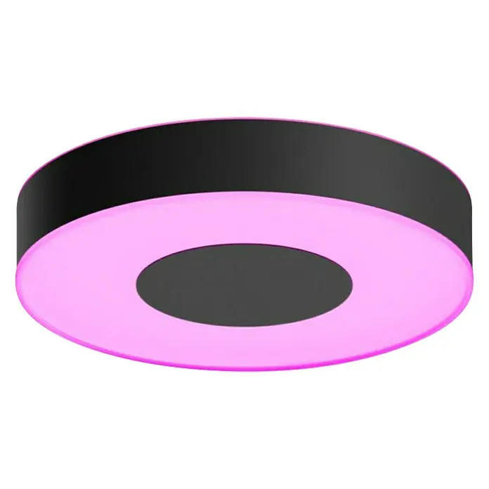 Philips Hue LED-Deckenleuchte rund White and color ambience Infuse M - Ø x H: 38,1 x 8,4 cm, RGBW - Moderne Deckenleuchte mit schwarzem Rand und rosa Licht, die einen Hauch von Farbe in jeden Raum bringt. Perfekt für stilvolle Beleuchtung.