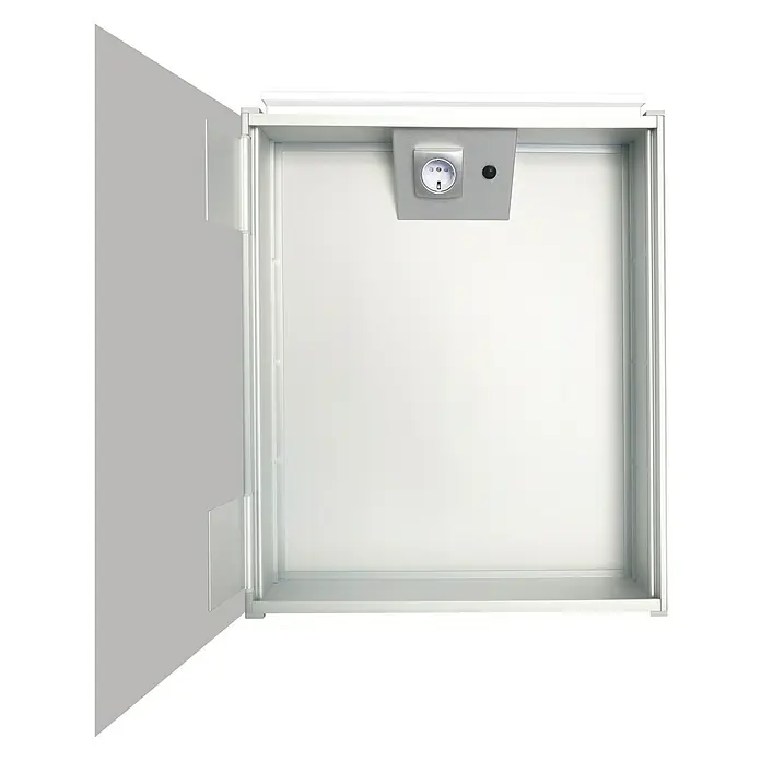 DSK LED-Spiegelschrank Aluminio Vegas - B x H: 50 x 60 cm, Aluminium, Silber - Geöffneter weißer Sicherheitsschrank mit Steckdose für Wertgegenstände, ideal zum Schutz vor Diebstahl und unbefugtem Zugriff.