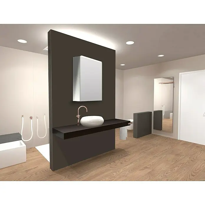 DSK LED-Spiegelschrank Aluminio Vegas - B x H: 50 x 60 cm, Aluminium, Silber - Badezimmeransicht mit Waschbecken, Spiegel und Holzboden. Elegantes Design und hochwertige Ausstattung für ein modernes Ambiente.