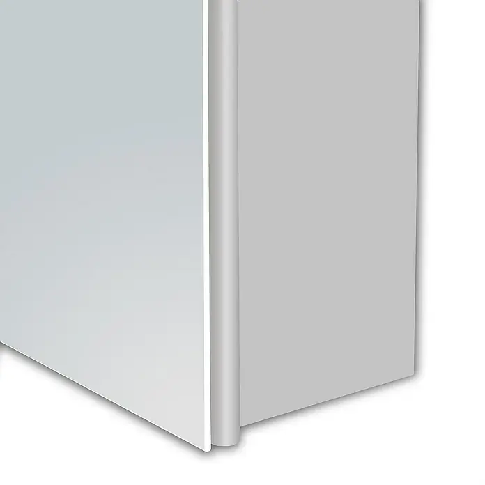 DSK LED-Spiegelschrank Aluminio Vegas - B x H: 50 x 60 cm, Aluminium, Silber - Nahaufnahme einer Ecke eines weißen Aktenschranks, der die Kanten und Oberflächen des Büromöbels hervorhebt.