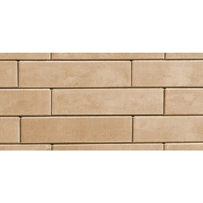Diephaus Palisade / Mauerstein Laredo - 40 x 10 x 10 cm, Sandstein, Beton - Nahaufnahme einer Wand aus hellbraunen Ziegelsteinen, die ein regelmäßiges und horizontales Muster bilden. Die Steine zeigen leichte Texturen und Farbvariationen.