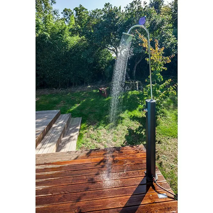 Gre Ducha solar Esencial Deluxe - Altura: 223 cm, Aluminio, Antracita - ¡Dicha de ducha al aire libre! Disfruta de una refrescante ducha al aire libre con esta ducha de jardín independiente en una plataforma de madera.