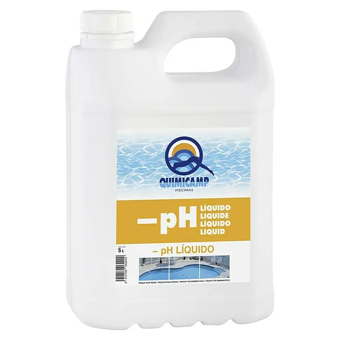 Quimicamp ph negativo Líquido - 5 kg - Imagen de un bidón de 5L de Quimicamp minorador de pH líquido para piscinas, esencial para el control de la calidad del agua.