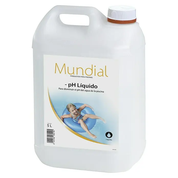 Mundial ph negativo líquido - 5 l - Una botella de 5L de "Mundial pH Líquido" para bajar el pH del agua de la piscina, mostrada con un niño en un flotador.