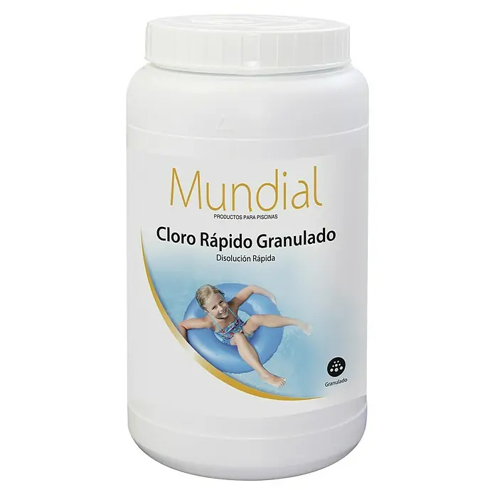 Mundial Cloro granulado rápido - 2 kg - Imagen del producto de una lata de cloro para piscinas "Mundial Cloro Rápido Granulado". Se muestra un niño en la piscina en la lata.
