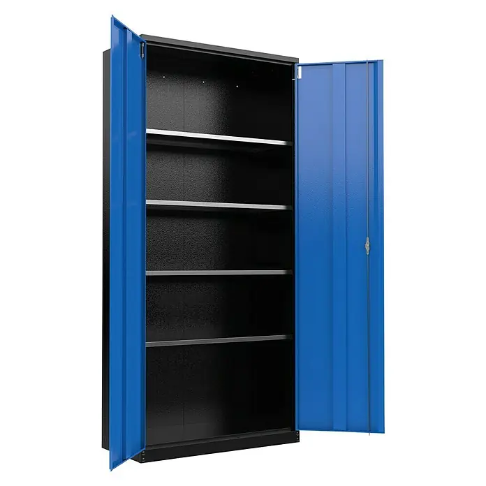 Güde Werkzeugschrank GWS - L x B x H: 85 x 40 x 185 cm - Ein offener blauer Metallschrank mit mehreren Regalböden, ideal für die Aufbewahrung verschiedener Gegenstände. Robuste Bauweise für den täglichen Gebrauch.