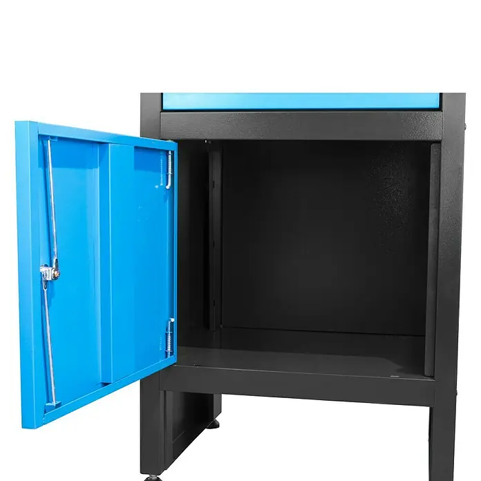 Güde Werkbank GW 1/1 S - L x B x H: 60 x 60 x 85 cm, Anzahl Schubladen: 1 Stk. - Abgebildeter blauer Werkstattschrank mit geöffneter Tür, ideal für die Organisation von Werkzeugen und Zubehör in Werkstätten oder Garagen.