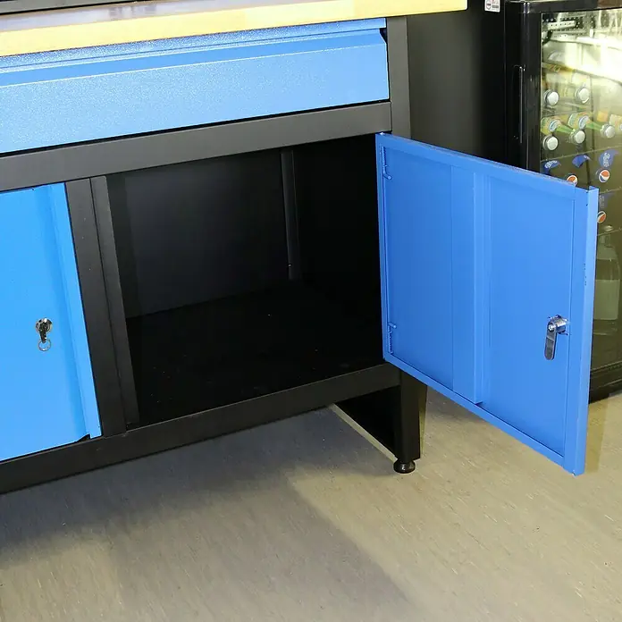 Güde Werkbank GW 2T - L x B x H: 120 x 60 x 85 cm, Anzahl Schubladen: 1 Stk. - Dieser blaue Werkstattschrank bietet eine robuste Aufbewahrungslösung mit abschließbaren Türen und einer geräumigen Ablagefläche.