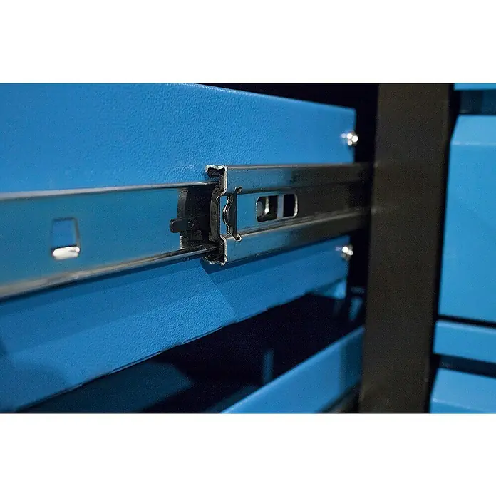 Güde Werkbank GW 2T - L x B x H: 120 x 60 x 85 cm, Anzahl Schubladen: 1 Stk. - Detailaufnahme eines blauen Werkzeugschrankauszugs mit stabilem Metallschienensystem für hohe Belastbarkeit und reibungslosen Lauf.