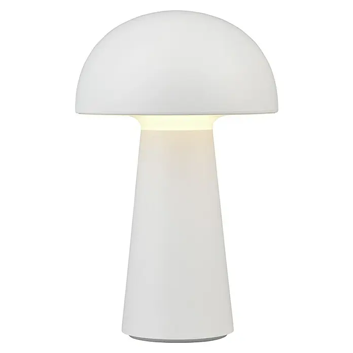 Trio Leuchten Akku-Tischleuchte Lennon - 2 W, Weiß, Warmweiß - Nahaufnahme einer weißen Tischleuchte im Pilzdesign, die sanftes Licht ausstrahlt und eine moderne Ästhetik bietet.