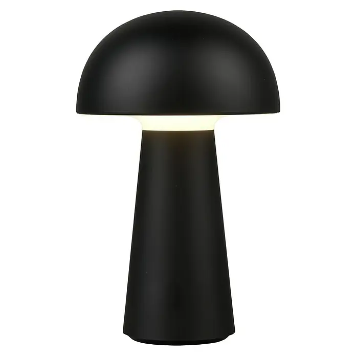 Trio Leuchten Akku-Tischleuchte Lennon - 2 W, L x B x H: 13,6 x 13,6 x 22 cm, Schwarz, Warmweiß - Elegante schwarze Tischleuchte mit pilzförmigem Design, die warmes, indirektes Licht spendet und eine moderne Atmosphäre schafft.