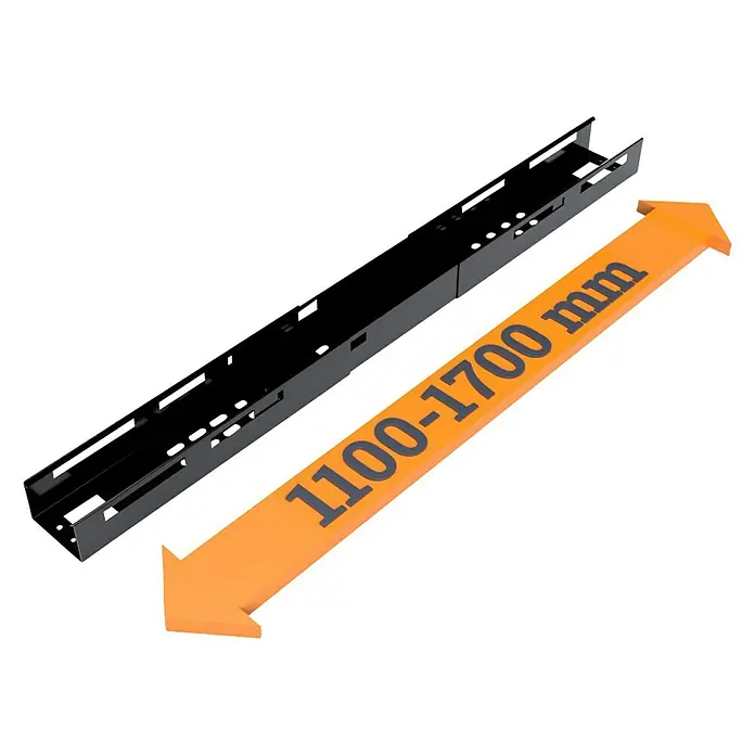 Kabelkanal BOXIT Varioplex - Schwarz - Schwarze Teleskopschiene mit orangefarbenem Pfeil, der die Länge von 1100-1700 mm angibt.