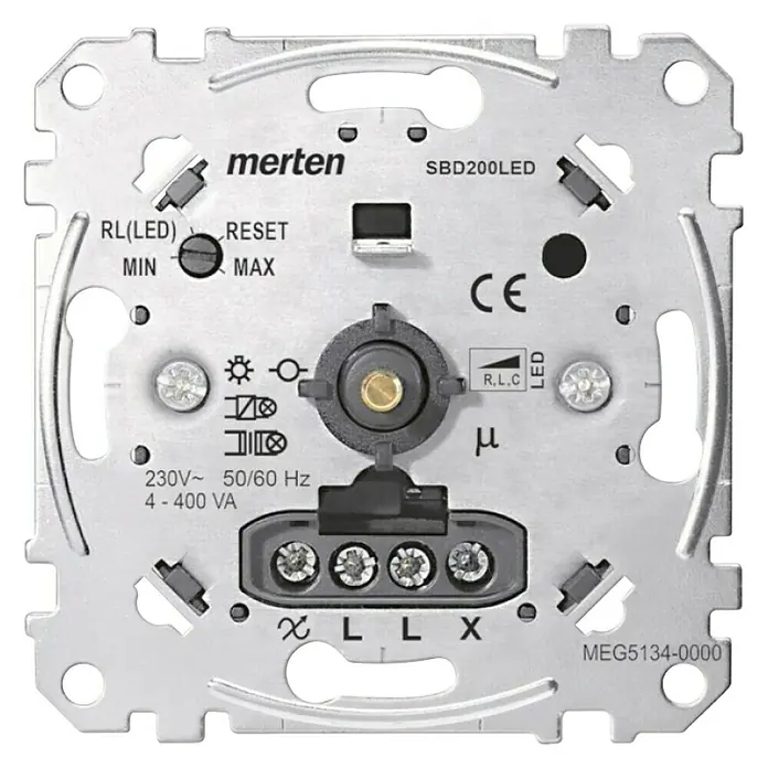 Merten Dimmer-Einsatz MEG5134-0000 - 230 V - Nahaufnahme eines Merten SBD200LED Dimmers, der die Anschlussdetails, Einstellungen und technischen Daten zeigt.