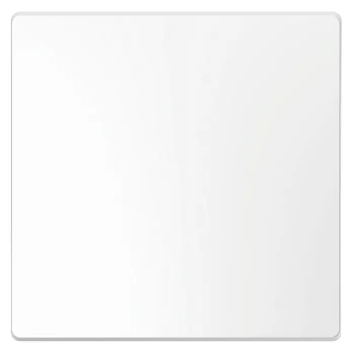 Merten System Design Universalwippe MEG3300-6035 - Lotosweiß glänzend, Kunststoff - Nahaufnahme einer stilvollen, quadratischen, weißen Glasplatte mit abgerundeten Ecken, die elegante Schlichtheit verkörpert.