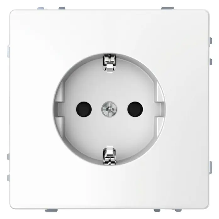 Merten System Design Steckdose MEG2300-6035 - Lotosweiß, 250 V, 16 A - Nahaufnahme einer weißen Steckdose mit zwei Löchern und einem Erdungsstift in der Mitte, eingefasst in eine quadratische Blende.