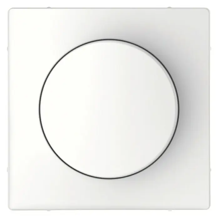 Merten System Design Dimmerabdeckung MEG5250-6035 - Lotosweiß glänzend, Kunststoff - Weiße runde Taste auf einer quadratischen weißen Abdeckung, modernes minimalistisches Design.