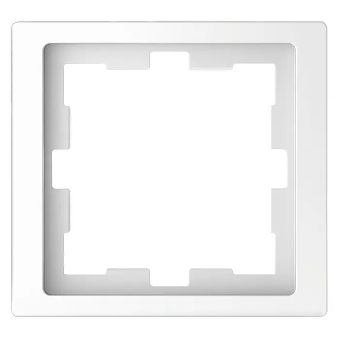 Merten System Design Abdeckrahmen D-Life MEG4010-6535 - Lotosweiß, 1-fach, Kunststoff - Nahaufnahme eines weißen, quadratischen Schaltersrahmens mit einer Aussparung in der Mitte. Das Produkt dient als Blende.