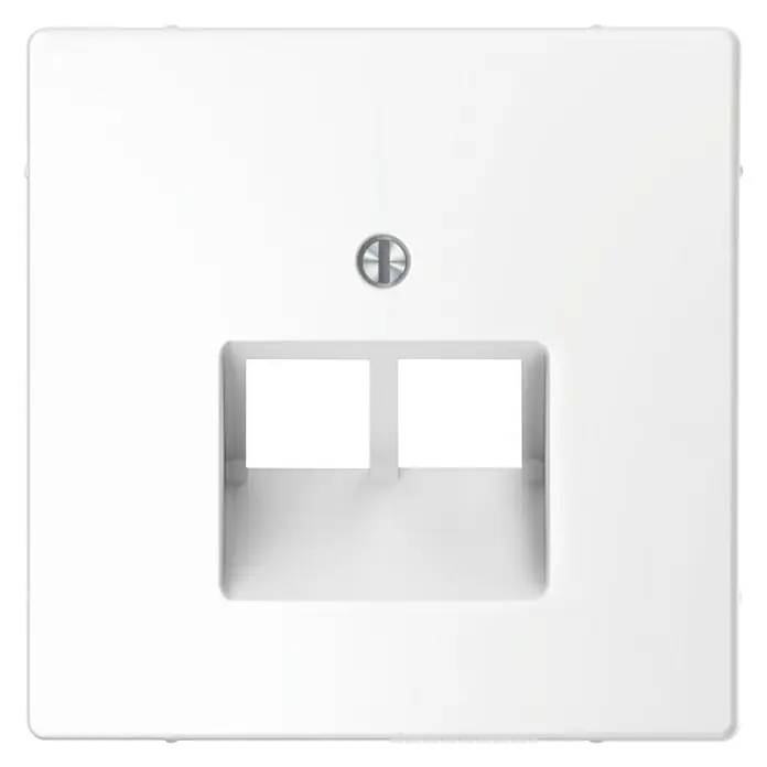 Merten System Design UAE-Abdeckung MEG4522-6035 - Lotosweiß glänzend, Kunststoff - Nahaufnahme einer weißen Doppel-Netzwerkdose mit einer zentralen Schraube. Ideal für strukturierte Verkabelung im Haus oder Büro.