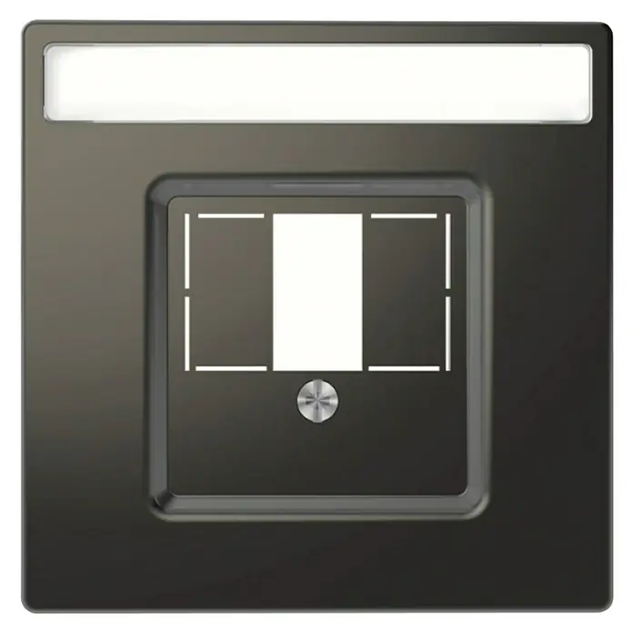 Merten System Design TAE-Abdeckung MEG4250-6034 - Anthrazit matt, Kunststoff - Nahaufnahme einer modernen, schwarzen Lichtschalterblende mit einem weißen Lichtbalken und einem silbernen Knopf.