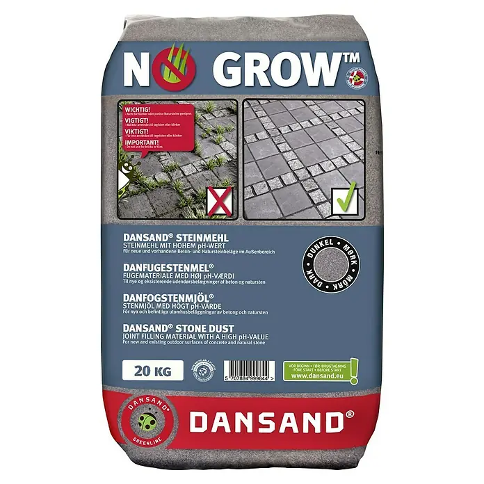 Dansand Steinmehl No Grow - Anthrazit, 20 kg - Produktbild einer Sackung Dansand No Grow™ Steinfugenmörtel mit hohem pH-Wert für Beton- und Natursteinoberflächen im Außenbereich.