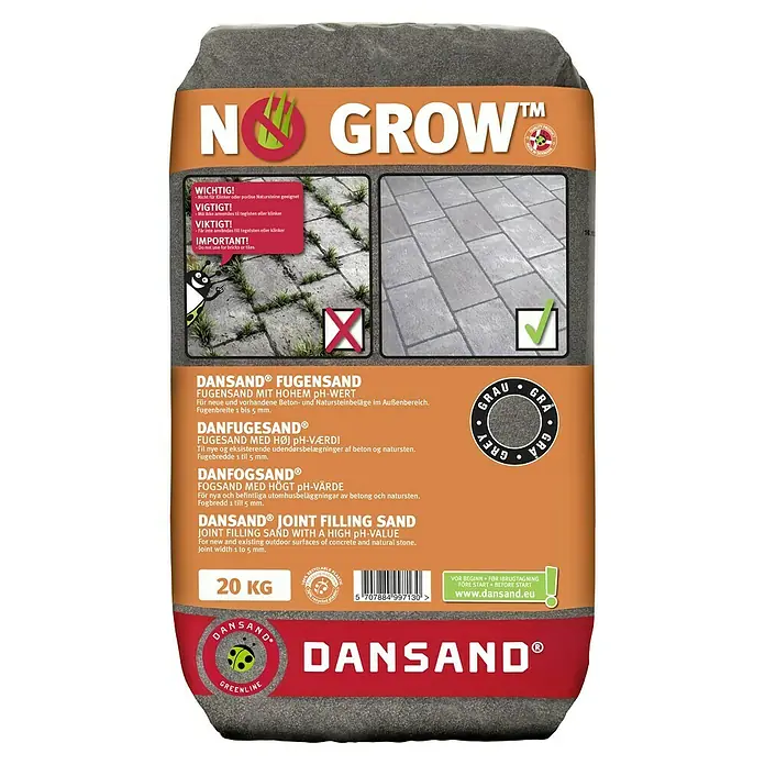 Dansand Fugensand No Grow - Grau, 20 kg - Dansand No Grow Fugensand: Hochwertiger Fugenfüller für Beton- und Natursteinflächen im Außenbereich, verhindert Unkrautwachstum.