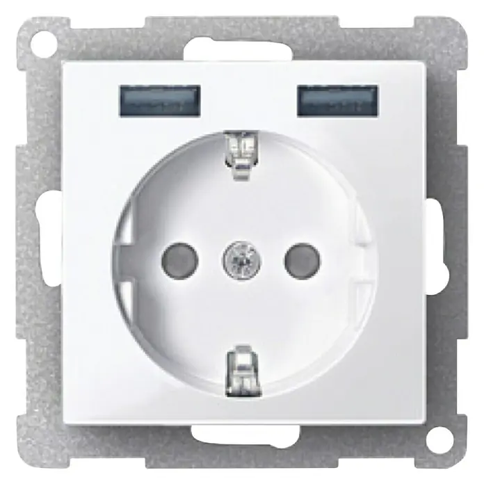 Merten System M USB-Steckdose MEG2366-0319 - Polarweiß, Glänzend, Kunststoff, Unterputzmontage - Weiße Steckdose mit zwei USB-Anschlüssen in einer silbernen Metallhalterung für die Wandmontage.