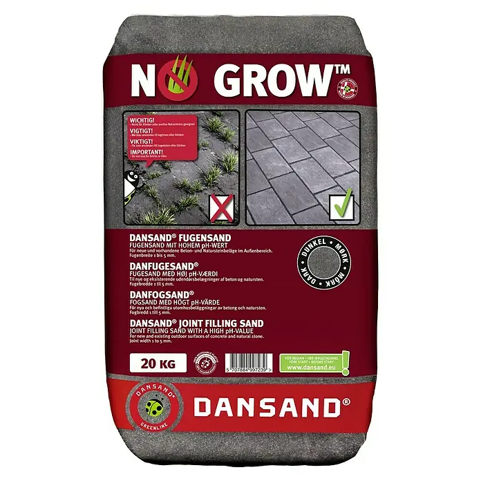 Dansand Fugensand No Grow - Anthrazit, 20 kg - Sack Dansand® Fugensand, eine Fugenfüllsand mit hohem pH-Wert für Beton- und Natursteine im Außenbereich. Fugenbreite 1 bis 5 mm.