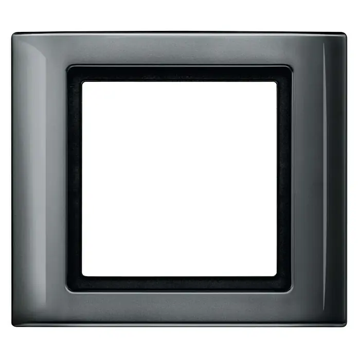 Merten Aquadesign Abdeckrahmen 400114 - Anthrazit, 1-fach, Kunststoff - Nahaufnahme eines quadratischen, silberfarbenen Rahmens mit einer dunklen, quadratischen Öffnung in der Mitte, ideal für Bilder oder Displays.