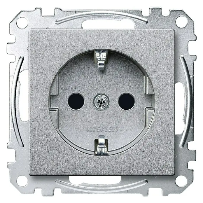 Merten System M Steckdose mit erhöhtem Berührungsschutz MEG2300-0460 - Aluminium, Kunststoff, IP20 - Nahaufnahme einer Merten-Steckdose in Silber, die ein modernes und funktionales Design für den Innenbereich zeigt.
