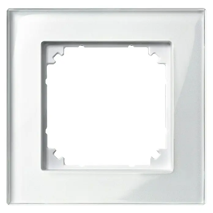 Merten M-Plan Abdeckrahmen 489119 - Brilliantweiß, 1-fach, Glas - Weiße quadratische Steckdosenabdeckung mit rechteckiger Aussparung in der Mitte für eine einfache Installation und ein sauberes Erscheinungsbild.