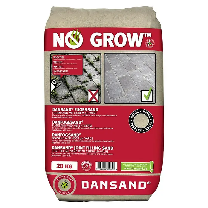 Dansand Fugensand No GrowSand/Neutral, 20 kg - Bild eines 20 kg Sackes Dansand "No Grow" Fugensand, der für Beton- und Natursteinoberflächen geeignet ist und das Wachstum verhindert.