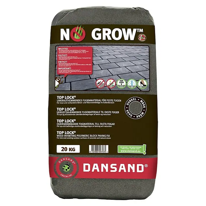 Dansand Fugenmörtel No Grow - Anthrazit, 20 kg - Verpackung von No Grow Top Lock Fugenmörtel, einem unkrauthemmenden Pflasterfix für Beton- und Natursteinoberflächen im Freien.