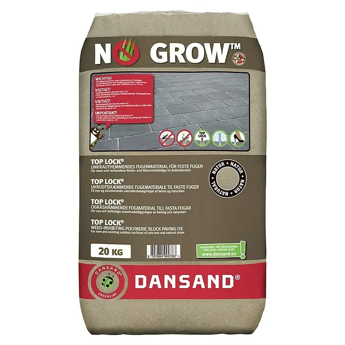 Dansand Fugenmörtel No Grow - Beige/Grau, 20 kg - Image of a bag of Dansand No Grow weed-inhibiting polymeric block paving fix, ideal for concrete and natural stone surfaces.