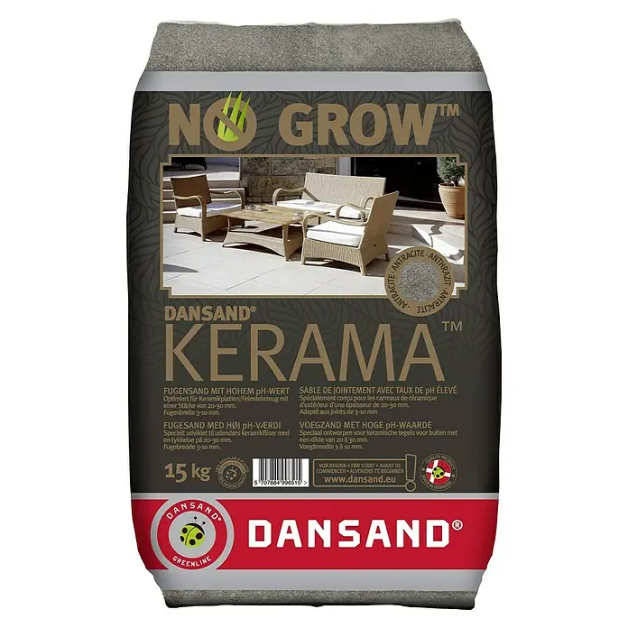 Dansand Fugensand Kerama No Grow - Anthrazit, 15 kg - No Grow Dansand Kerama Fugensand mit hohem pH-Wert für Keramikplatten und Feinsteinzeug, ideal für Fugenbreiten von 3-10 mm.