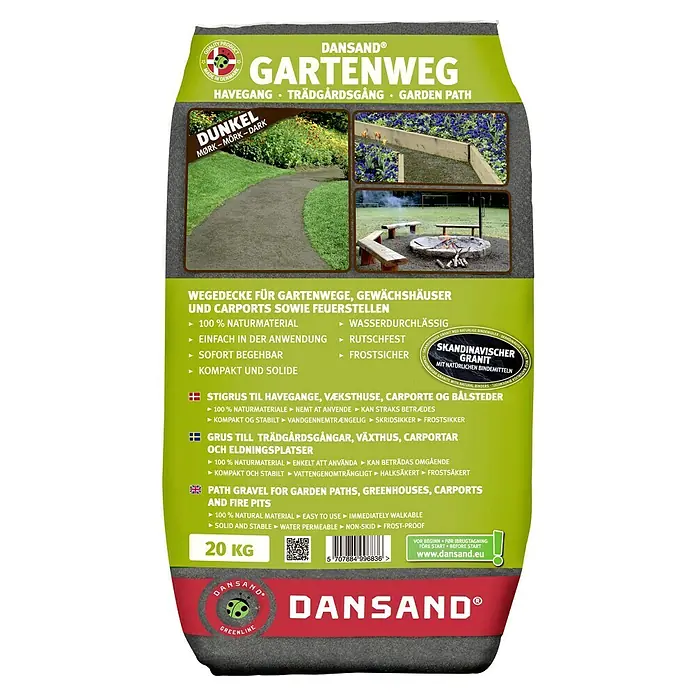 Dansand Gartenweg - Anthrazit, 20 kg - Packung Dansand Gartenweg, ideal für Gartenwege, Gewächshäuser, Carports und Feuerstellen. 100 % Naturmaterial, wasserdurchlässig und frostsicher.