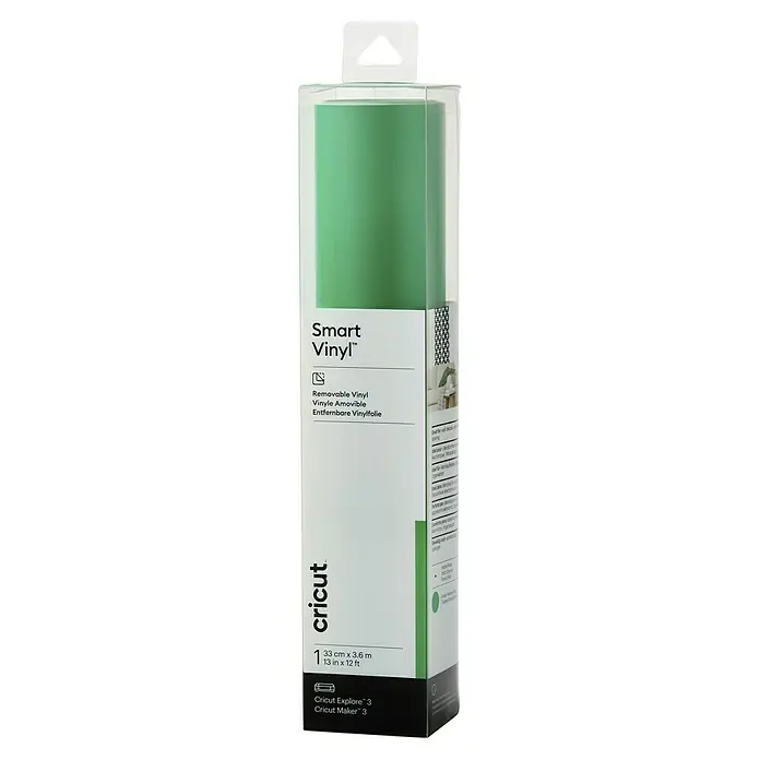 Cricut Vinylfolie Smart Vinyl Ablösbar - 1 Stk., Gras, 366 x 33 cm, Selbstklebend - Eine Rolle Cricut Smart Vinyl in grüner Farbe, verpackt in einer transparenten Kunststoffbox mit Aufhänger.
