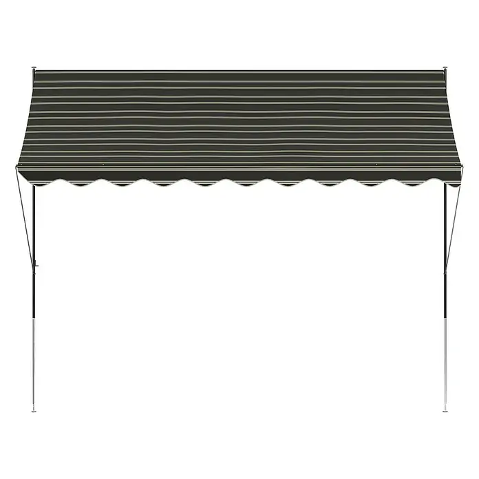 Angerer Klemmmarkise - Braun/Creme, Breite: 3 m, Ausfall: 1,5 m - Eine elegante Markise mit Streifenmuster und gewelltem Rand. Ideal für Schatten und Schutz im Außenbereich, mit stabilen Stützpfosten.