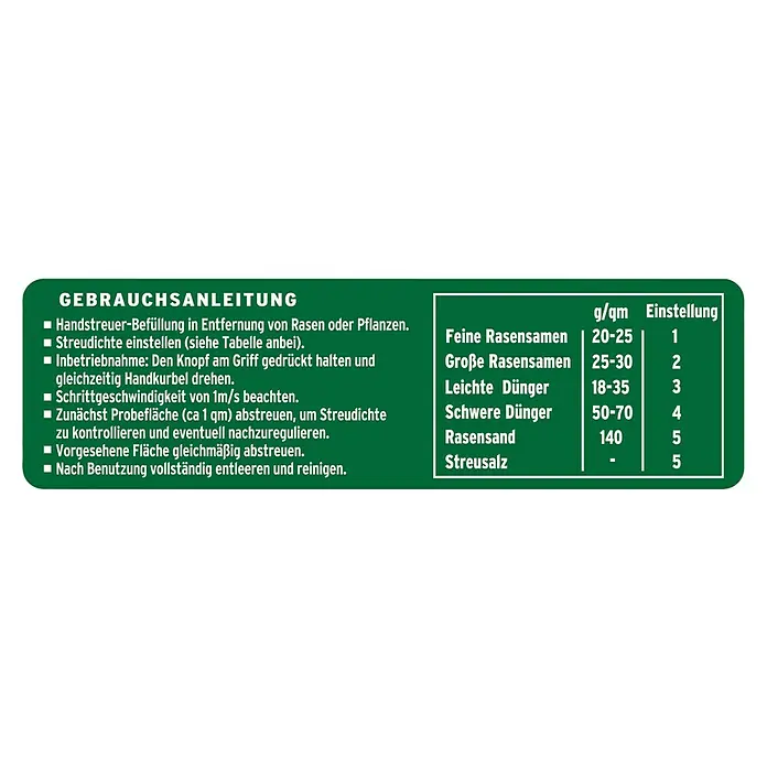 Substral Handstreuer HandyGreen - Streubreite: 2 m, Fassungsvermögen: 2,5 l - Bild einer Anleitung zur Verwendung eines Handstreuers mit einer Tabelle für verschiedene Streugüter und deren Einstellungen.