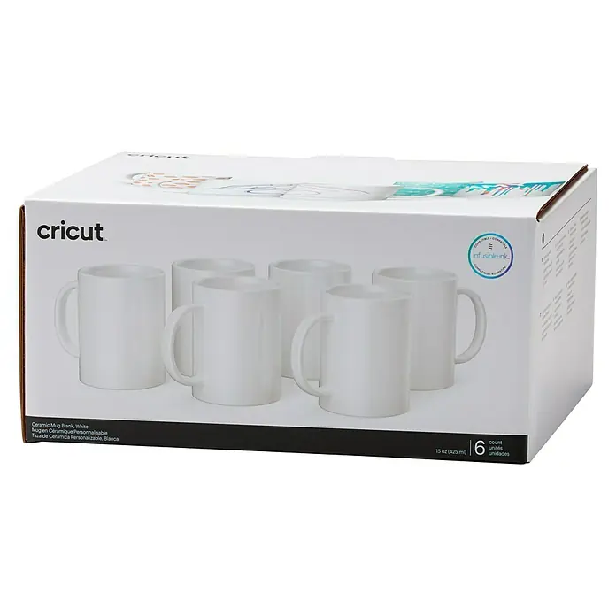 Cricut Tasse Rohling - 6 Stk., 440 ml, Weiß - Eine Packung mit 6 weißen Keramikbechern von Cricut, ideal für individuelle Designs und Infusible Ink Projekte.