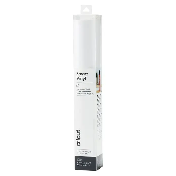Cricut Vinylfolie Smart Vinyl Permanent - 1 Stk., Weiß, 90 x 33 cm, Selbstklebend - Cricut Smart Vinyl: Permanent Vinylfolie in einer Verpackung. Das Produkt ist für Cricut Explore 3 und Cricut Maker 3 geeignet.