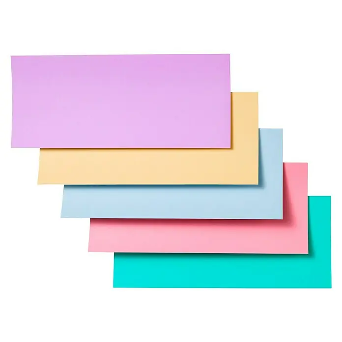 Cricut Joy Aufkleber Smart Paper Sticker Cardstock - 10 Stk., Pastels, 33 x 14 cm - Bunte Notizzettel in Lila, Gelb, Hellblau, Rosa und Türkis überlagern sich und bieten Platz für Erinnerungen und Notizen.